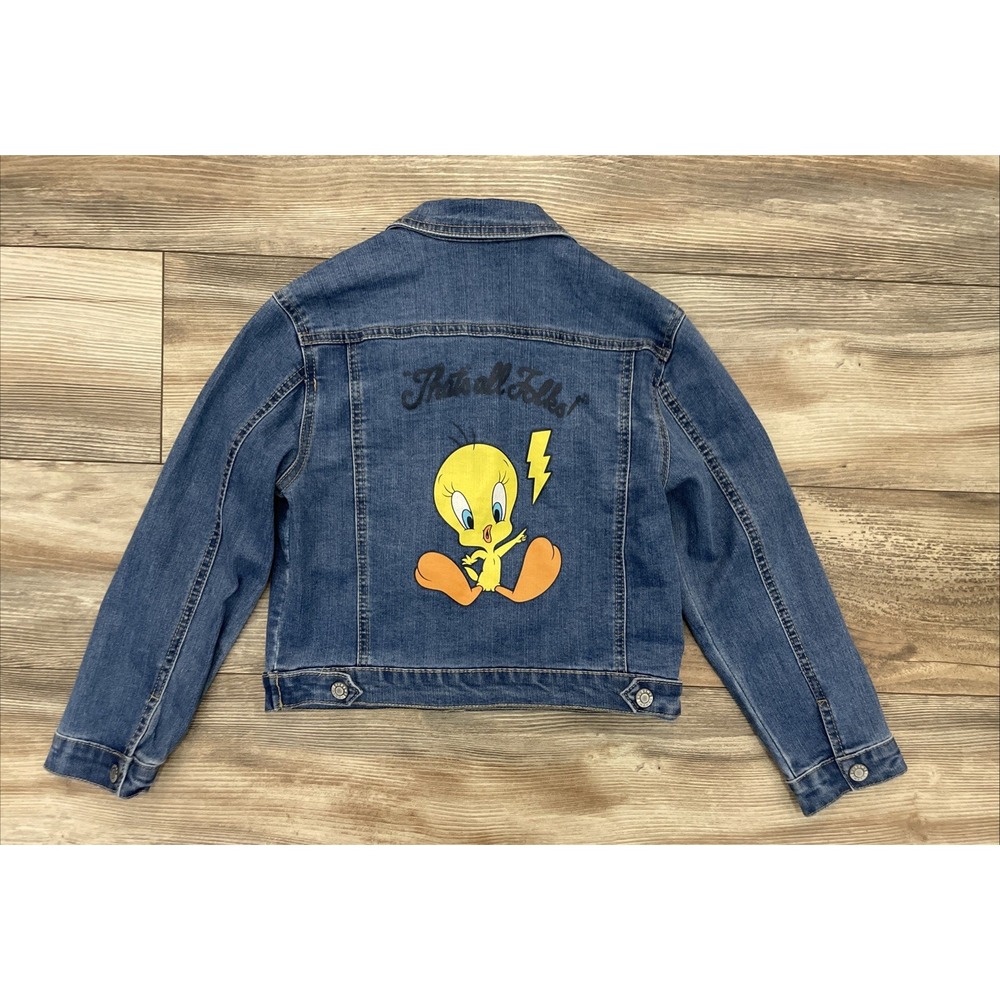 Looney Tunes Tweety Bird Denim Jean Jacket Graphic Back Blue Girls M (7/8)